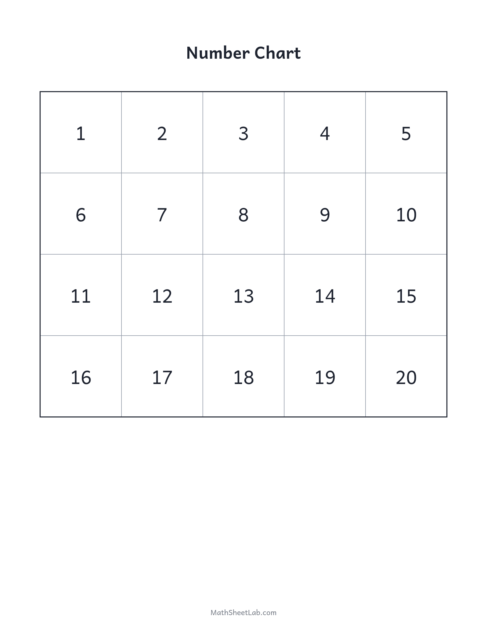 Number chart (1–20) — free printable PDF preview
