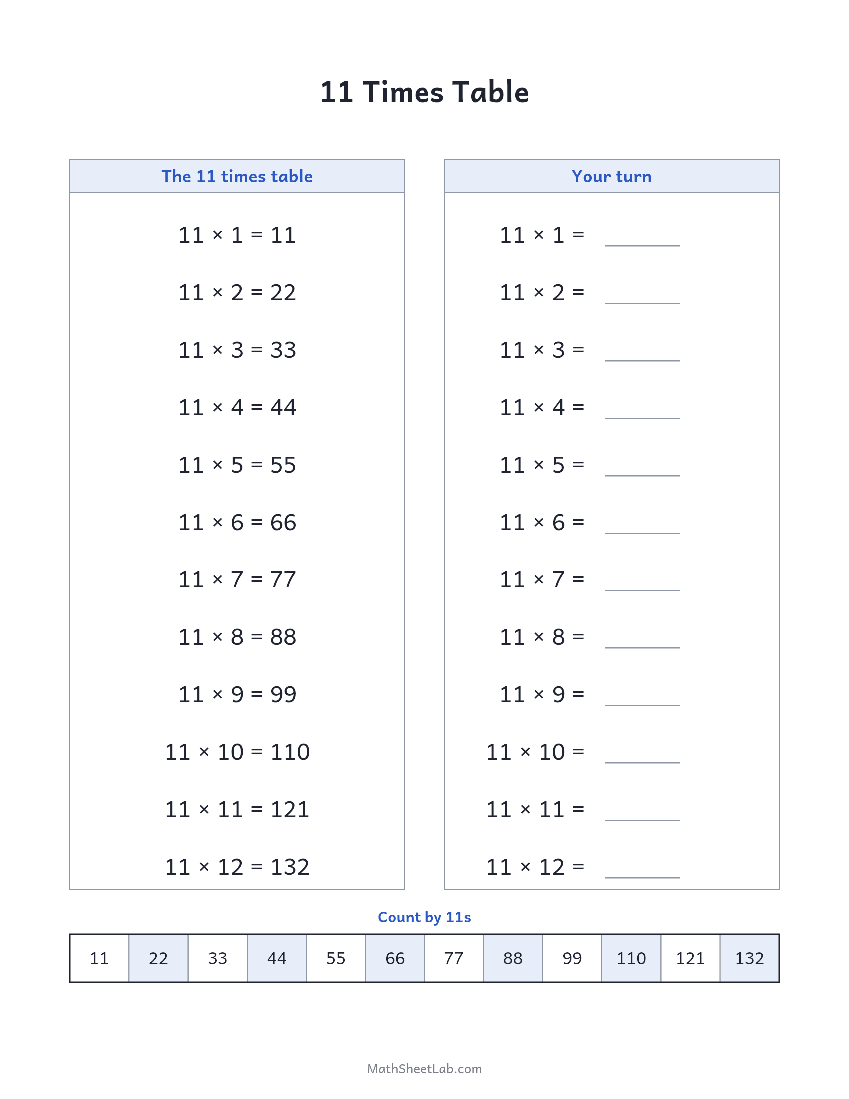 11 times table — free printable chart and practice worksheet