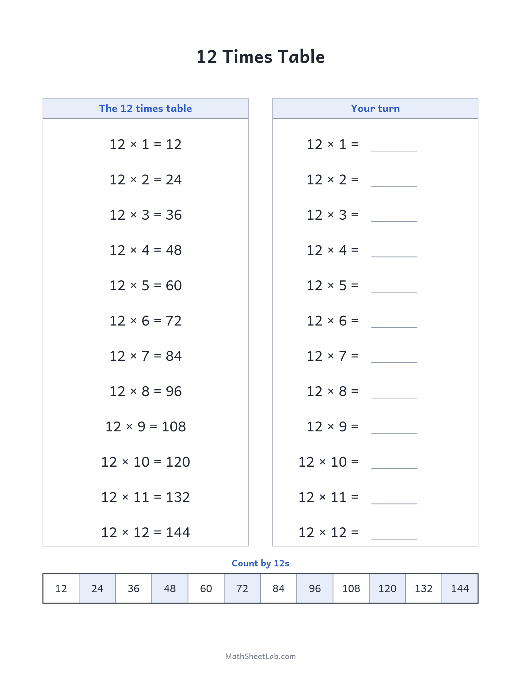 12 times table — free printable chart and practice worksheet