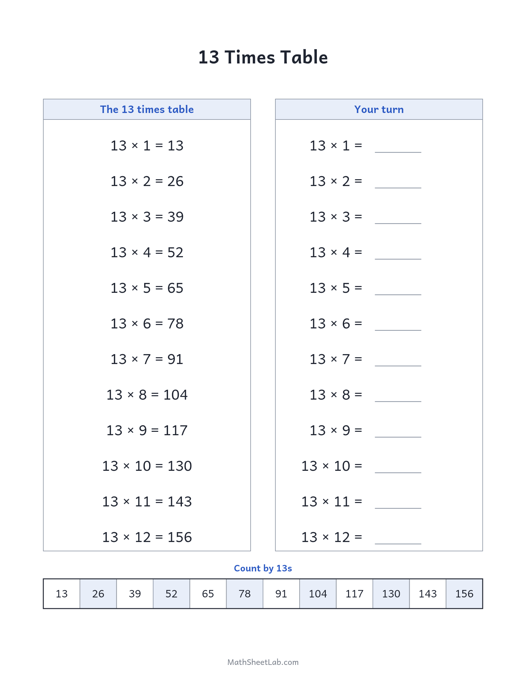 13 times table — free printable chart and practice worksheet