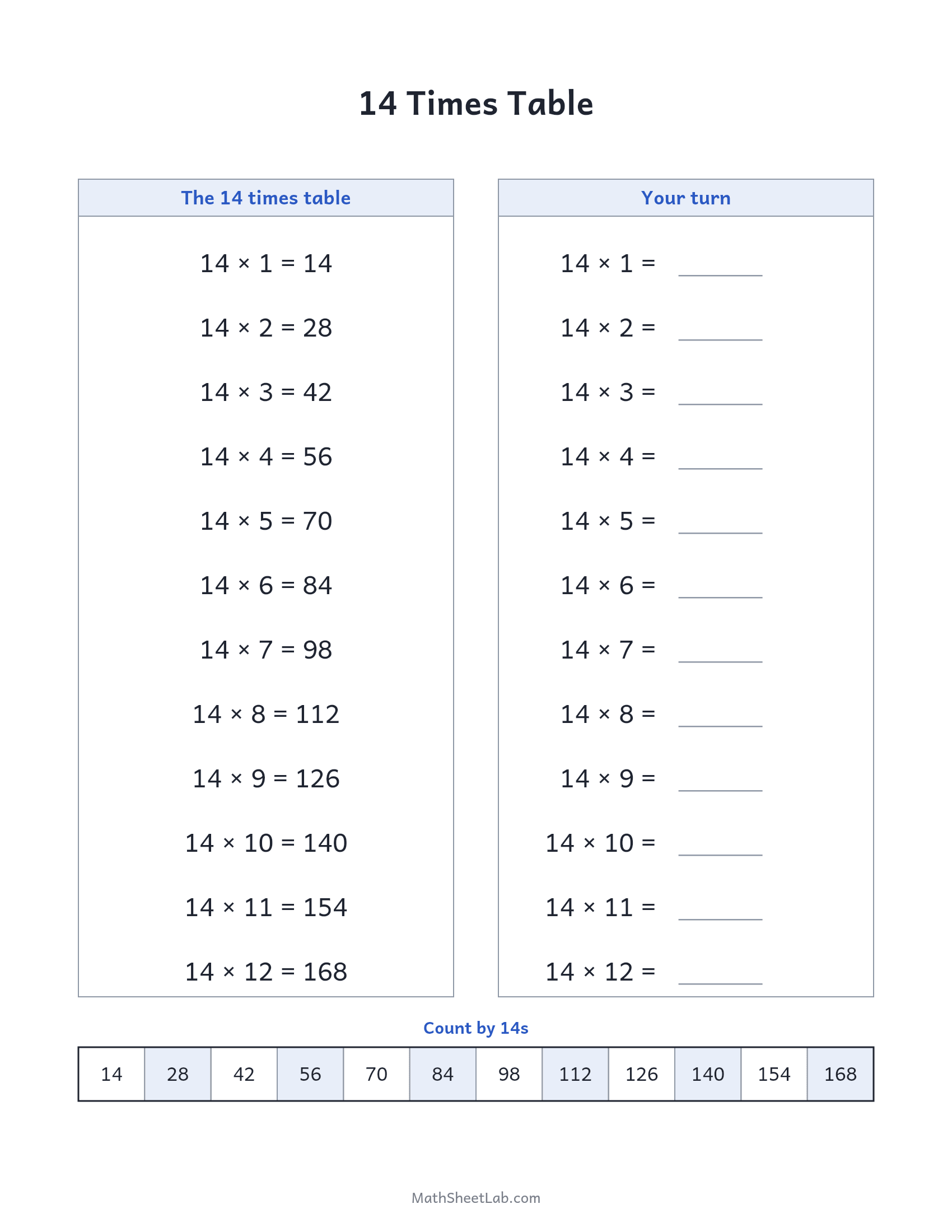 14 times table — free printable chart and practice worksheet