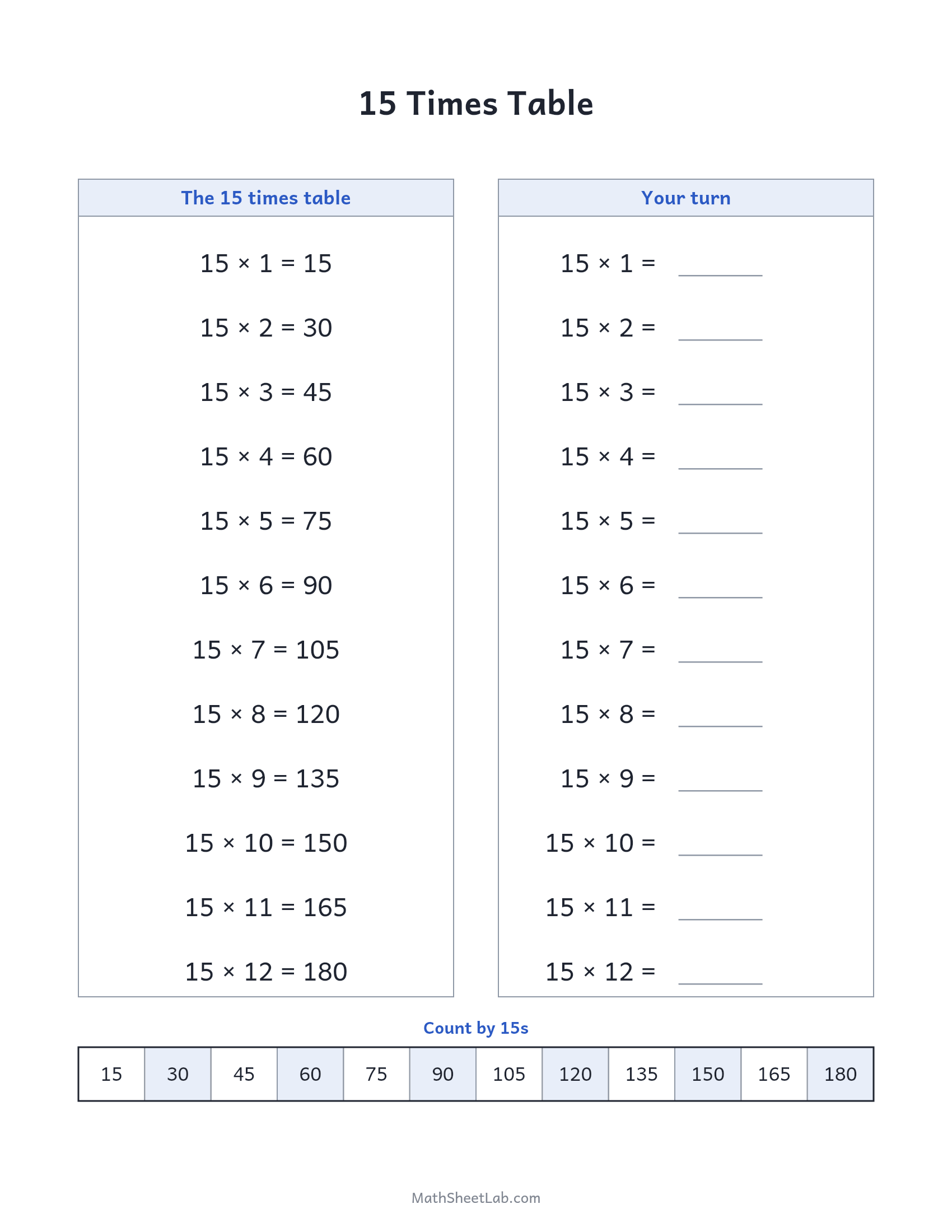 15 times table — free printable chart and practice worksheet