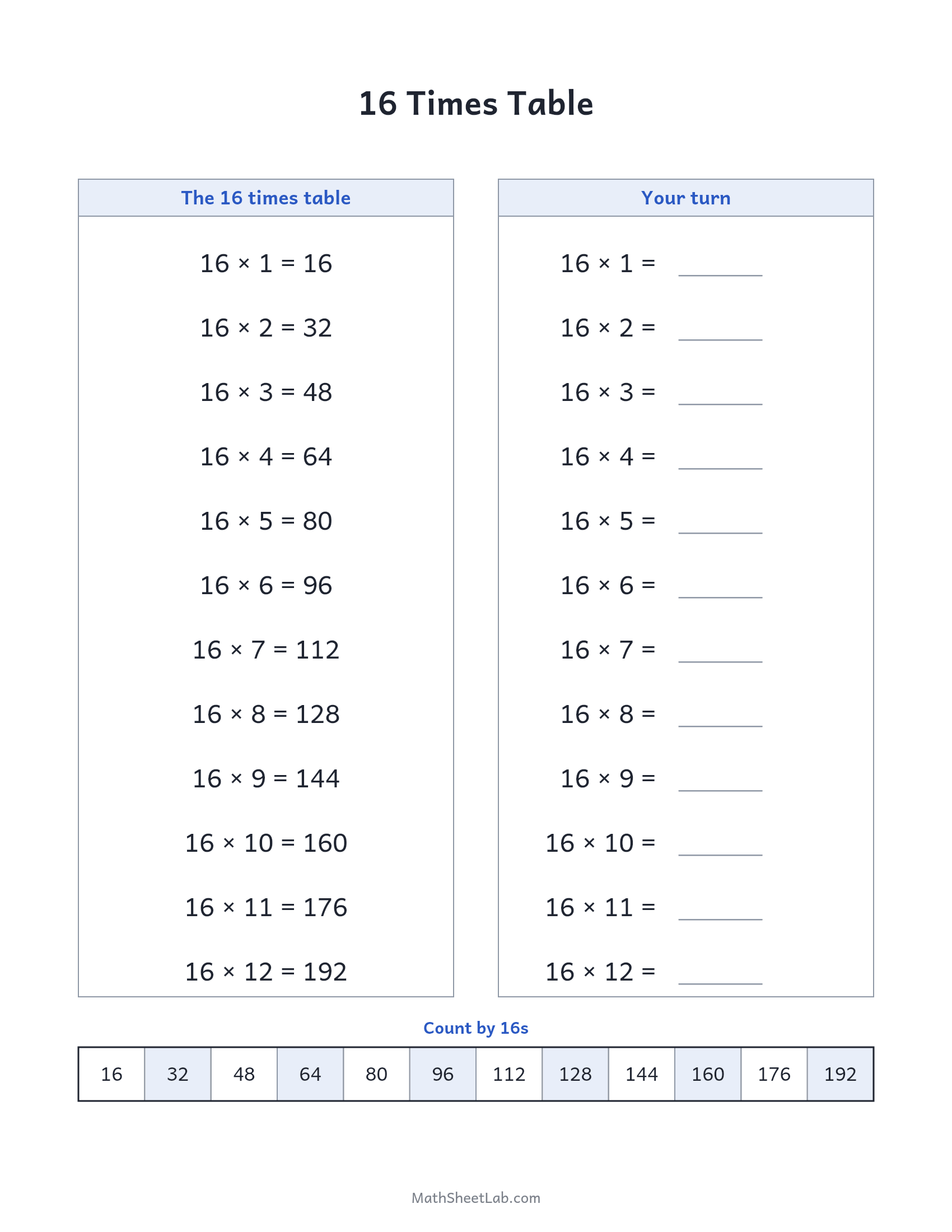 16 times table — free printable chart and practice worksheet