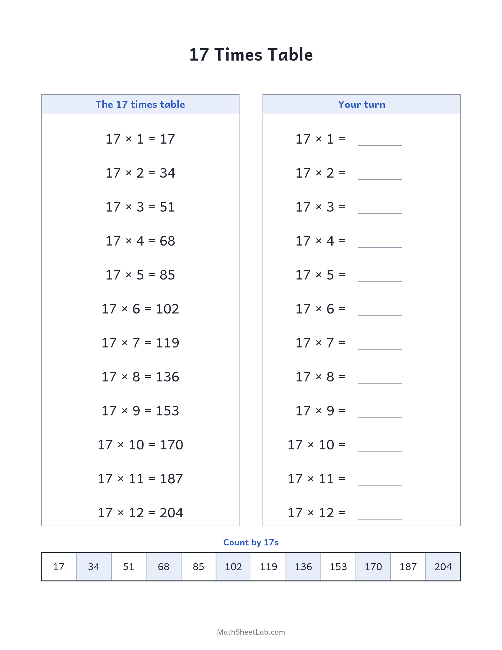 17 times table — free printable chart and practice worksheet