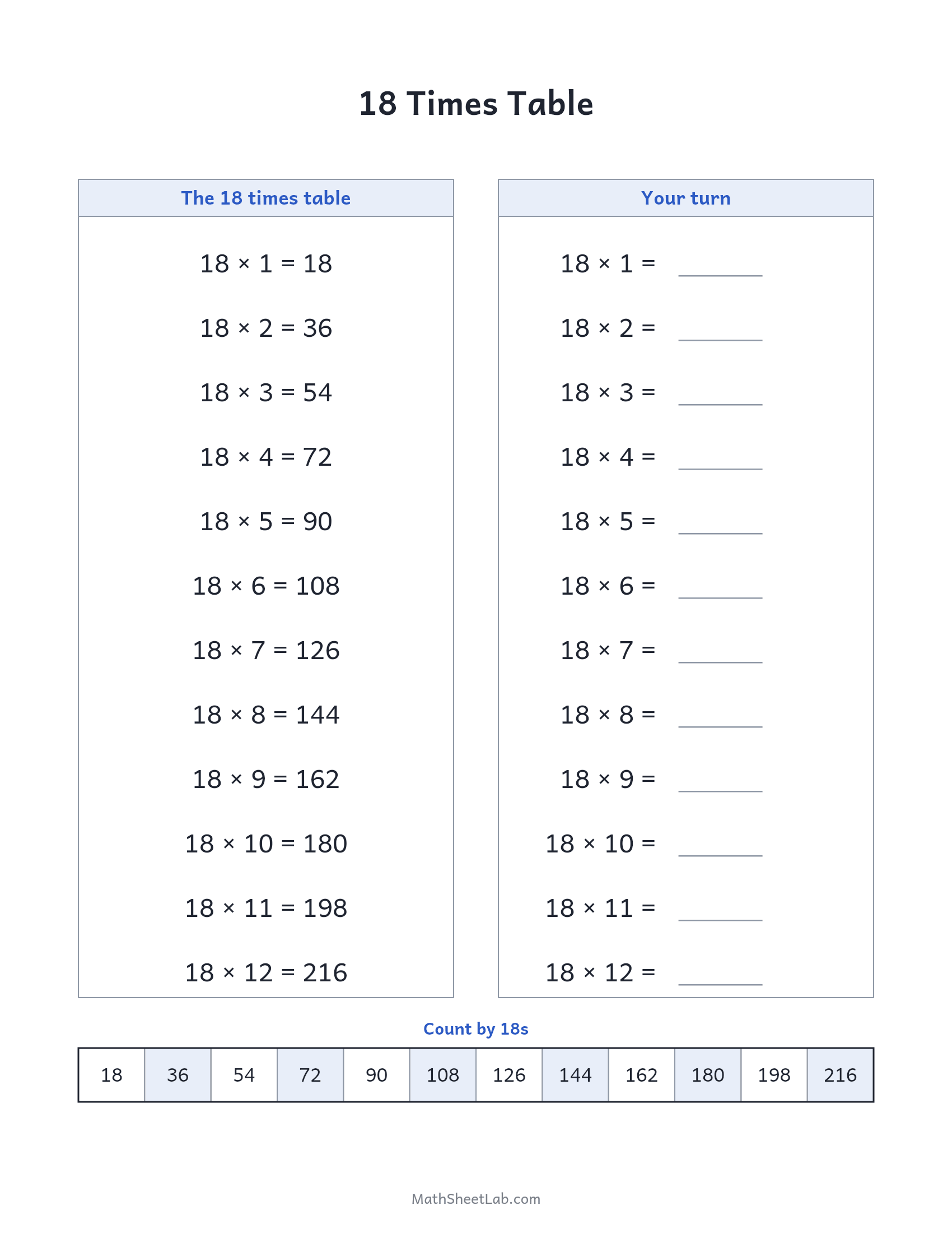 18 times table — free printable chart and practice worksheet