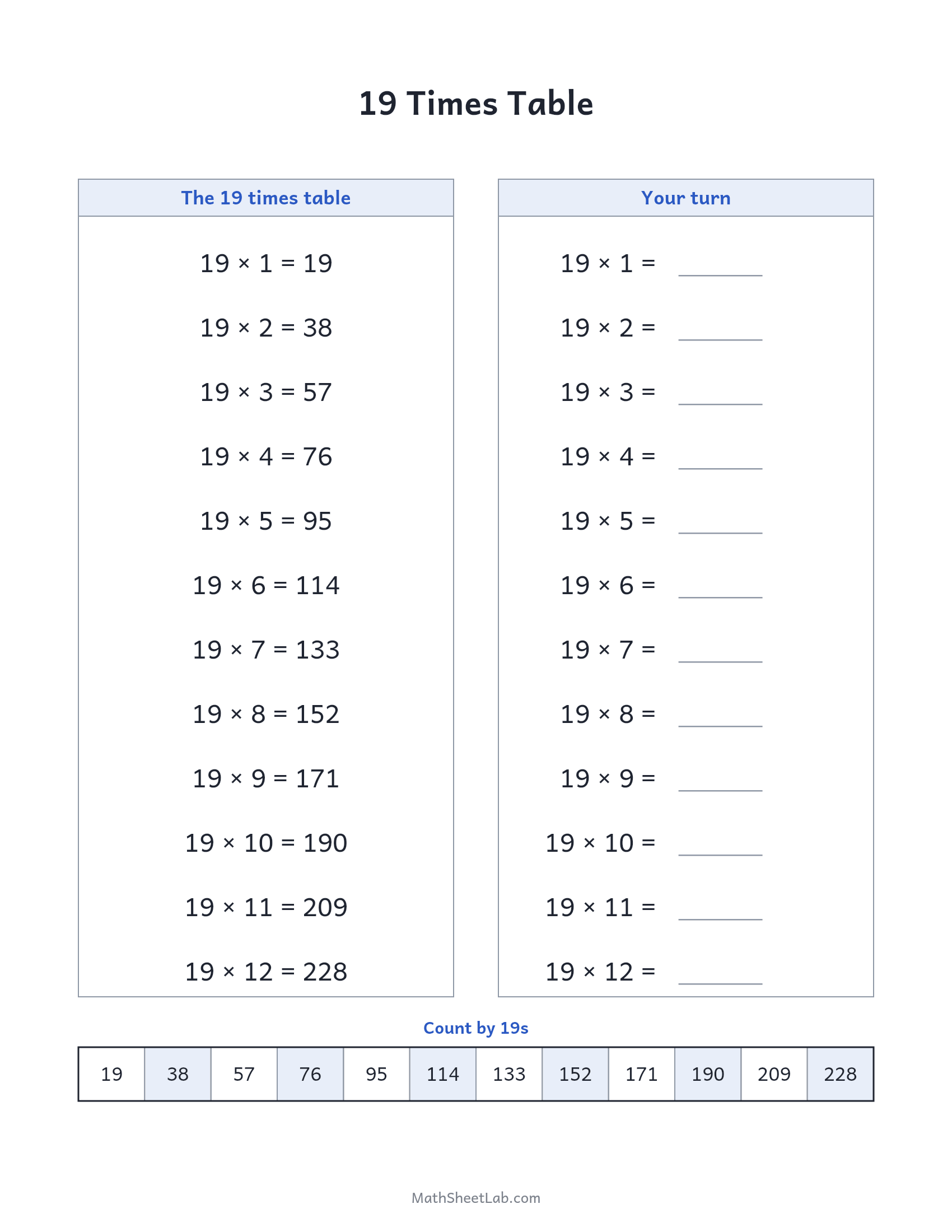 19 times table — free printable chart and practice worksheet