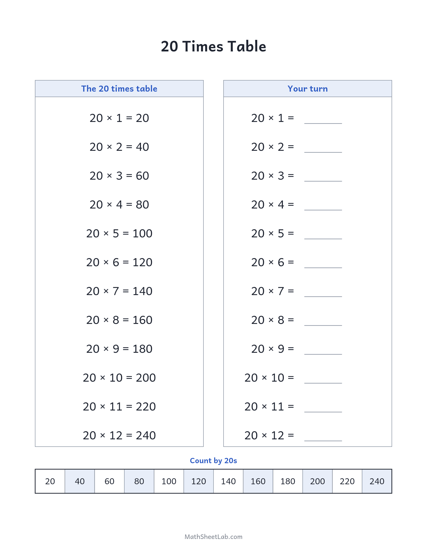 20 times table — free printable chart and practice worksheet