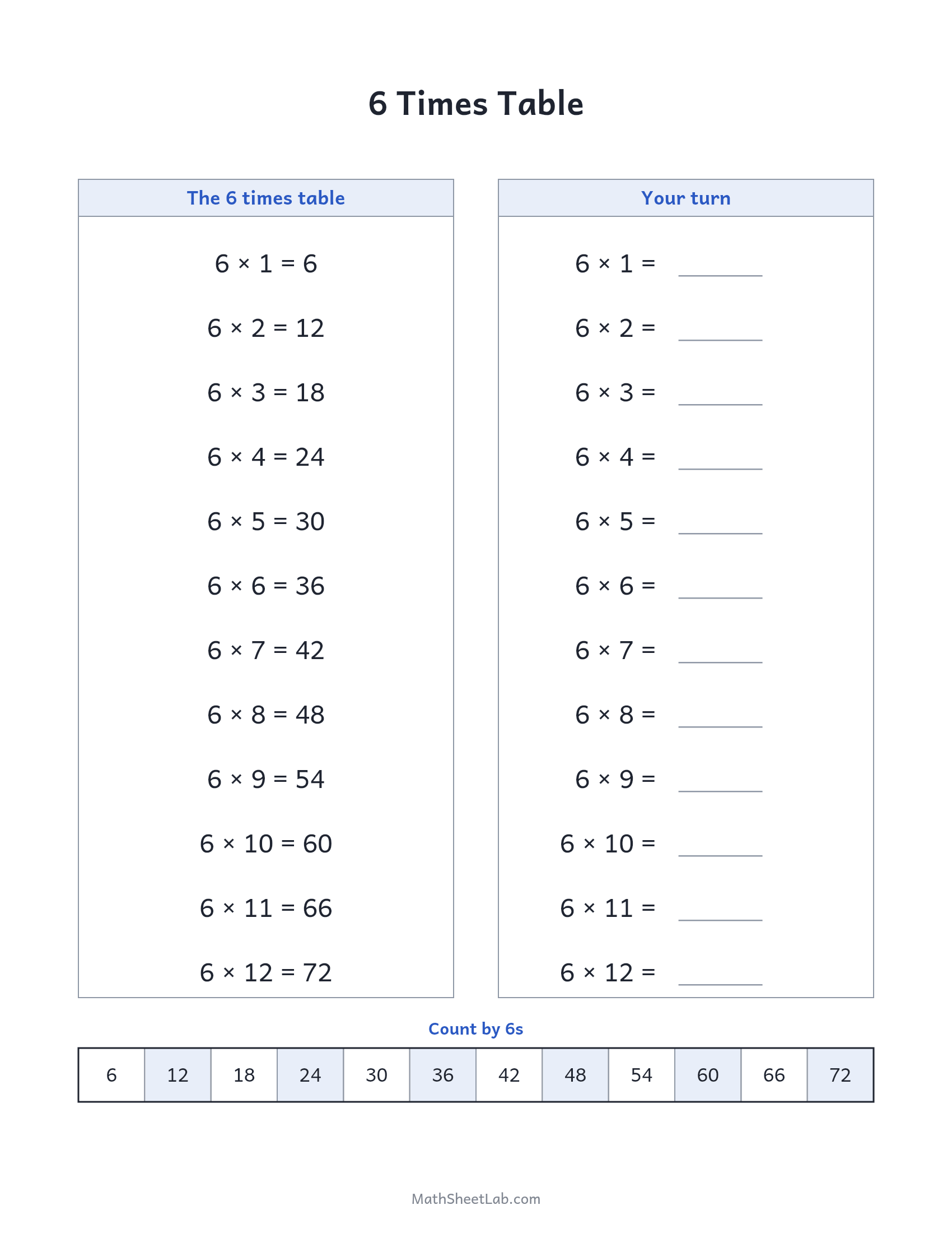 6 times table — free printable chart and practice worksheet