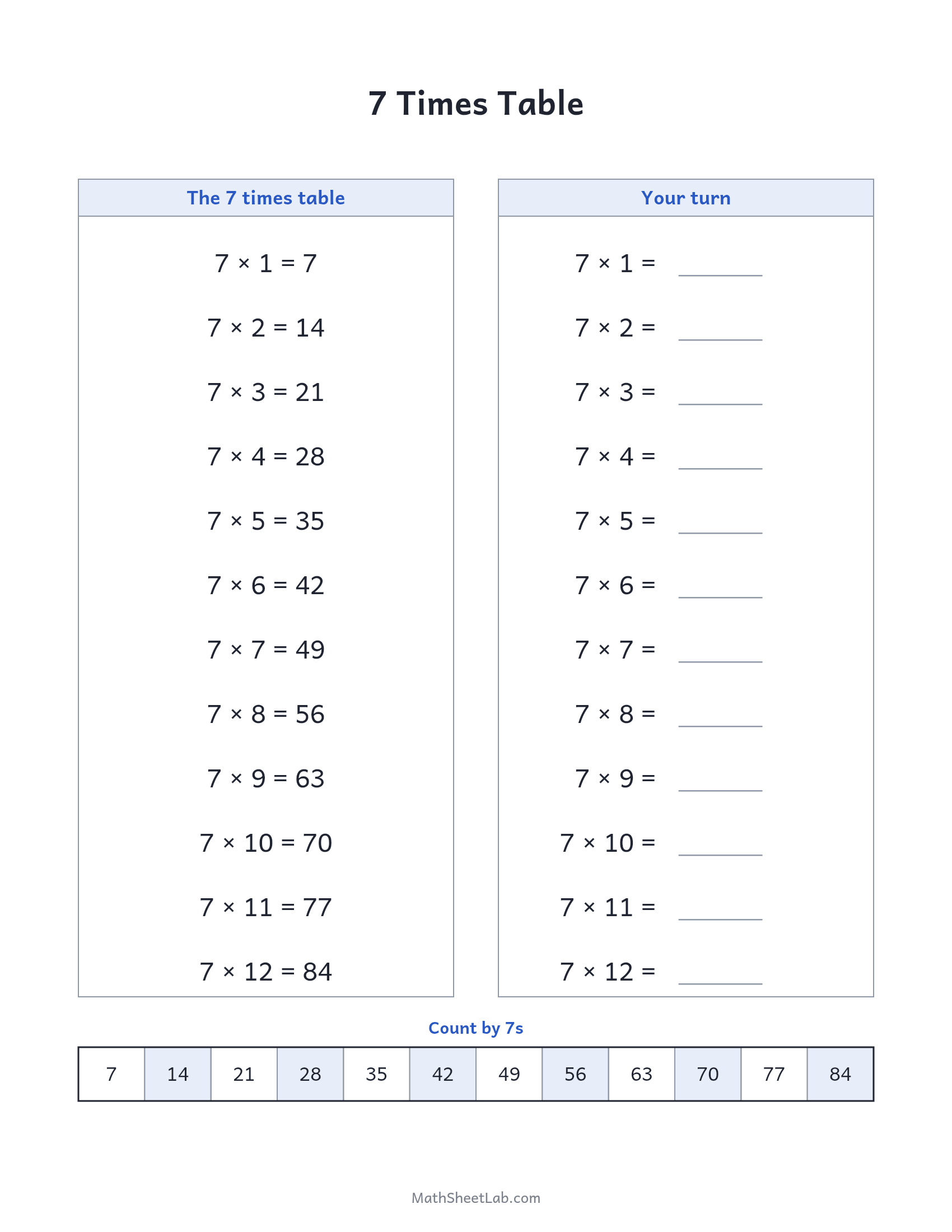 7 times table — free printable chart and practice worksheet
