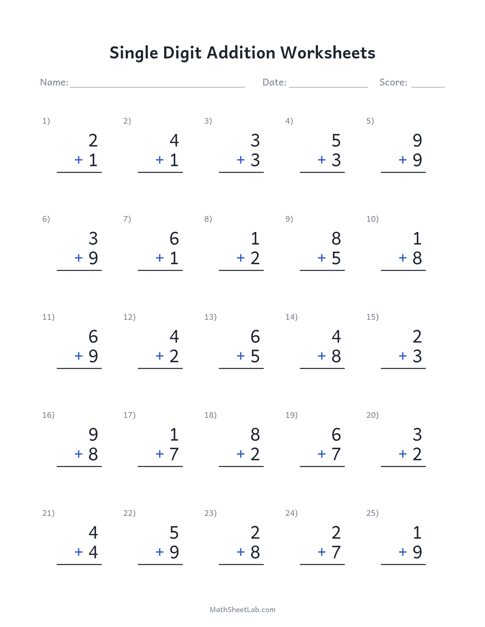 Single digit addition worksheets — free printable PDF preview
