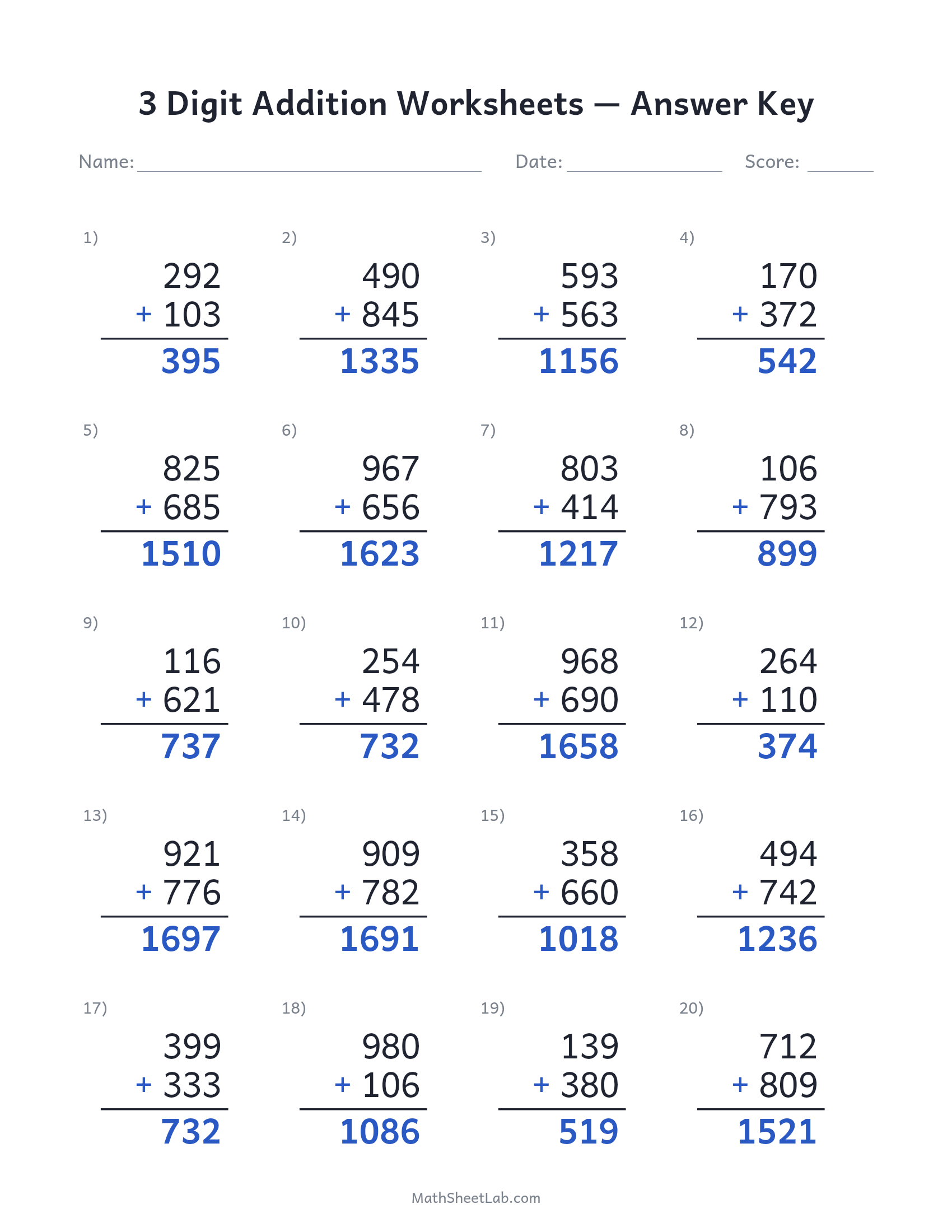 3 digit addition worksheets answer key preview