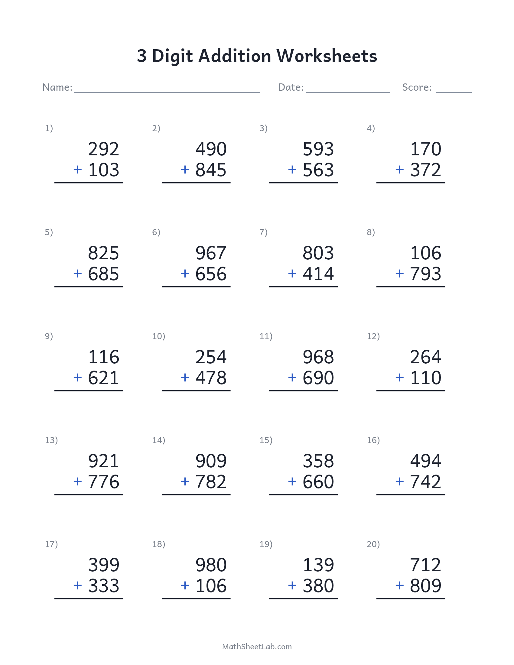 3 digit addition worksheets — free printable PDF preview