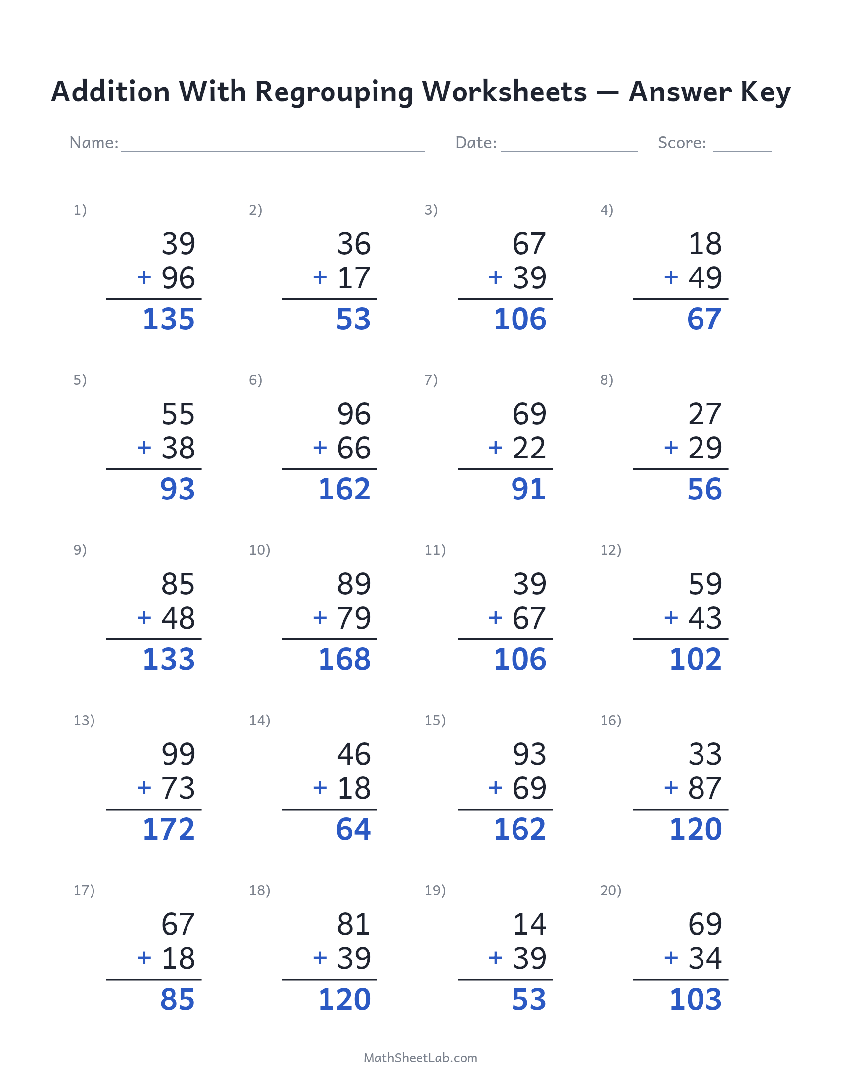 Addition with regrouping worksheets answer key preview