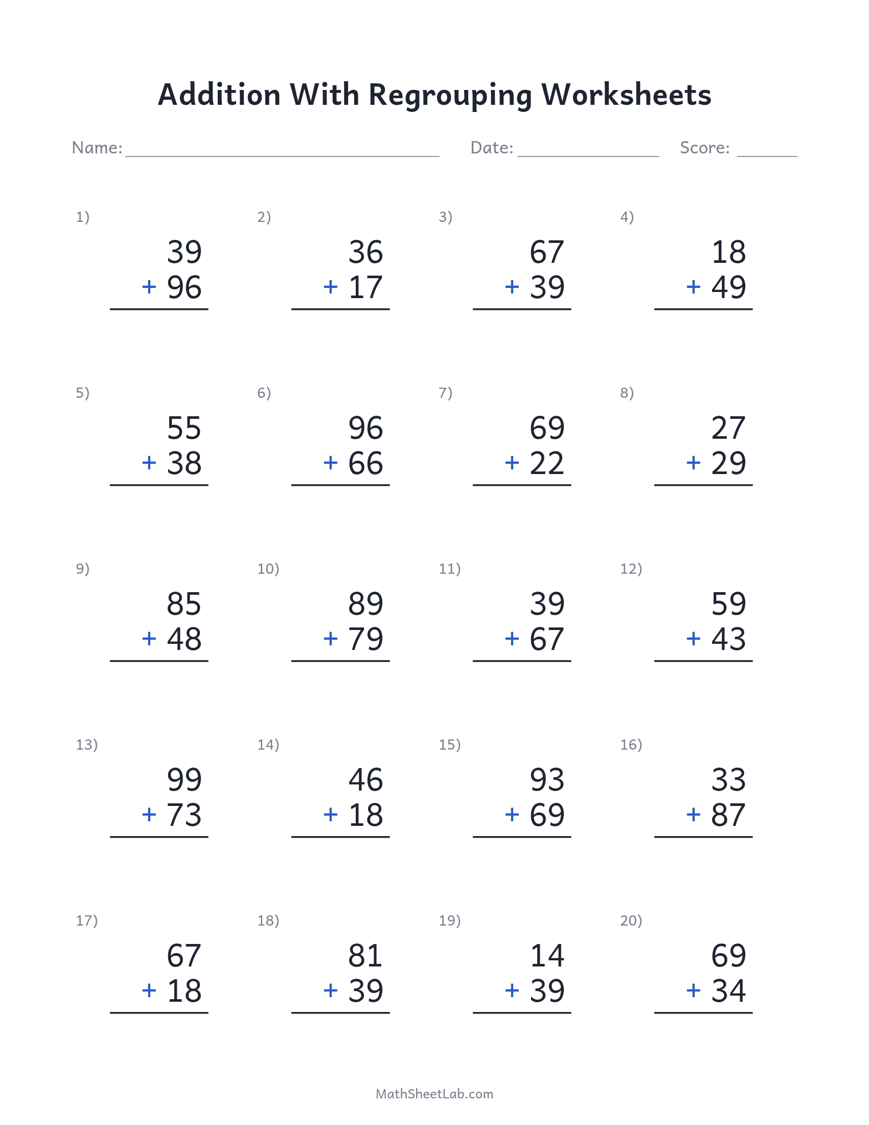 Addition with regrouping worksheets — free printable PDF preview