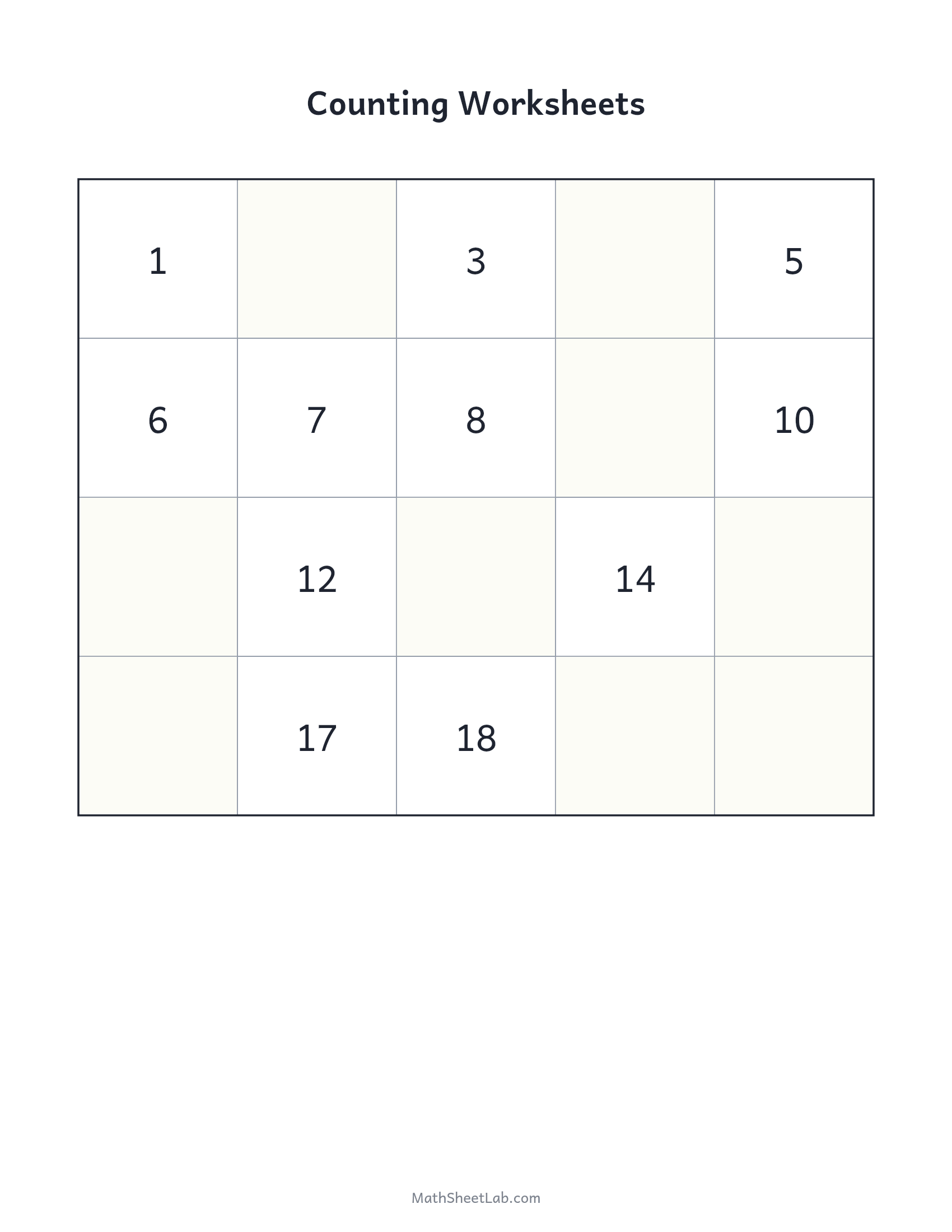 Counting worksheets (1–20) — free printable PDF preview