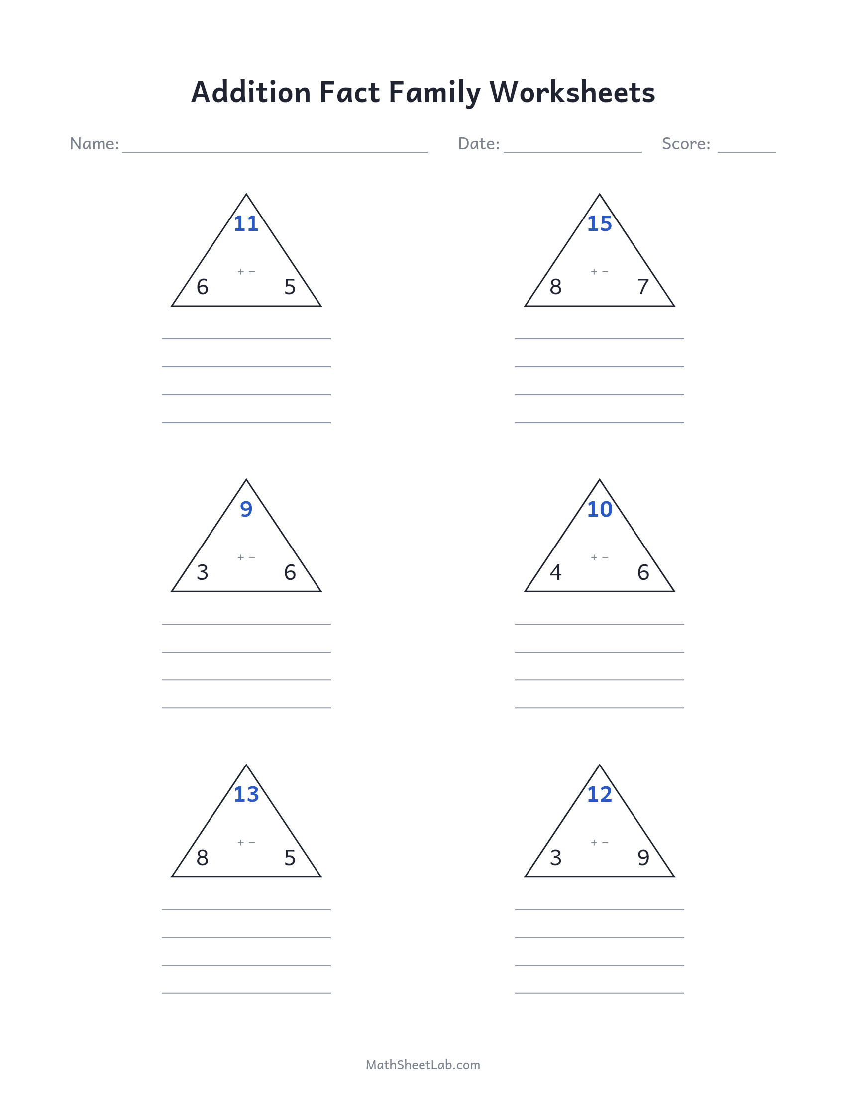 Addition fact family worksheets — free printable PDF preview