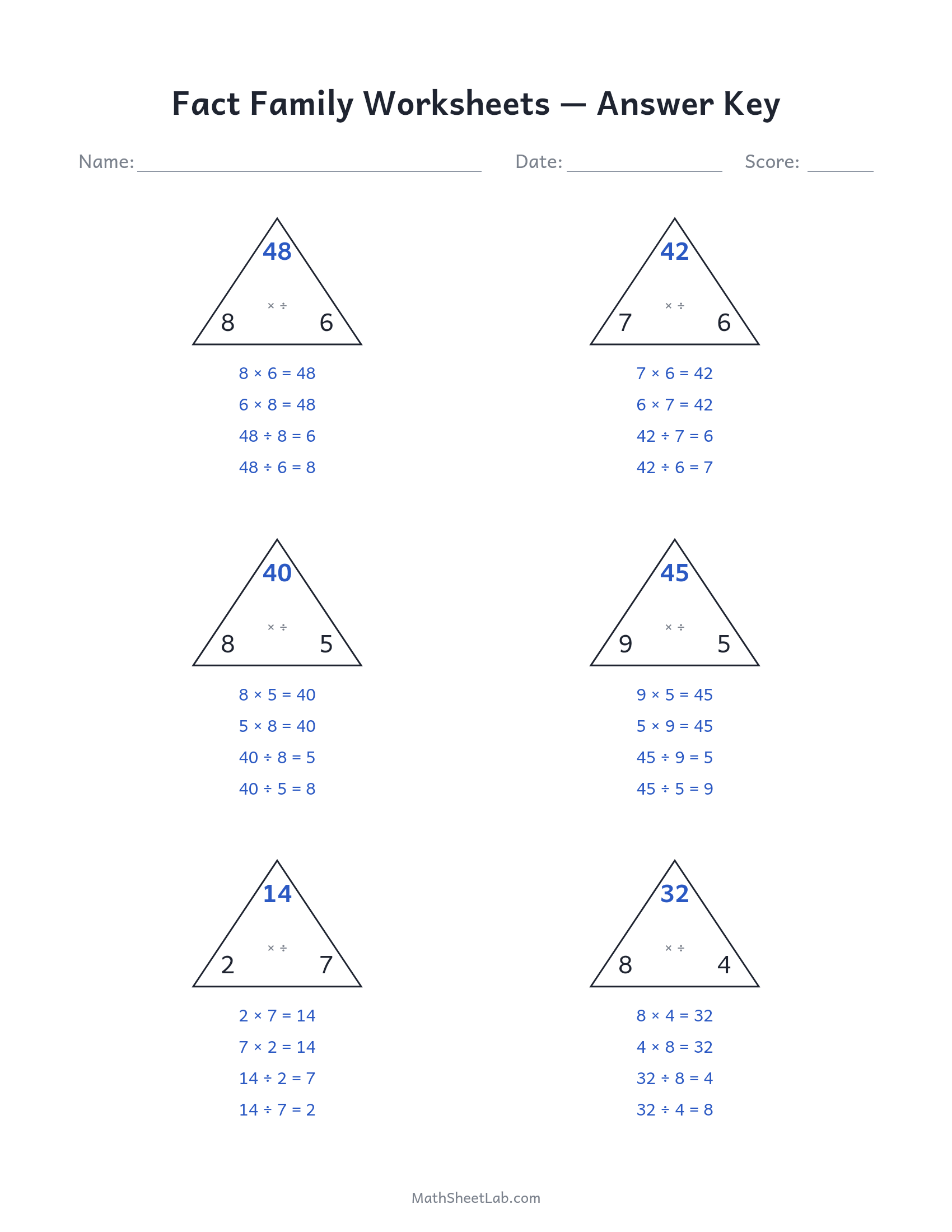 Fact family worksheets (multiplication & division) answer key preview