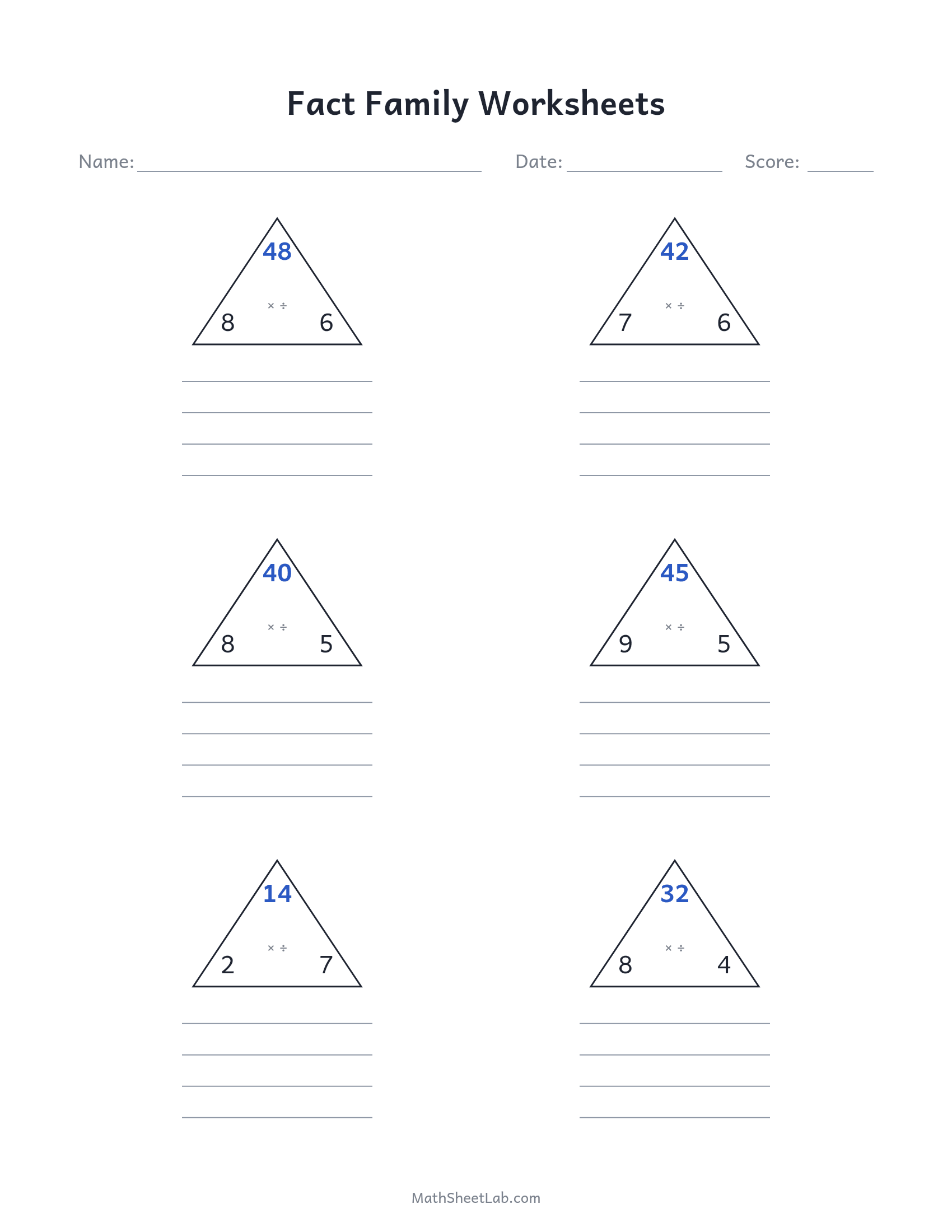 Fact family worksheets (multiplication & division) — free printable PDF preview