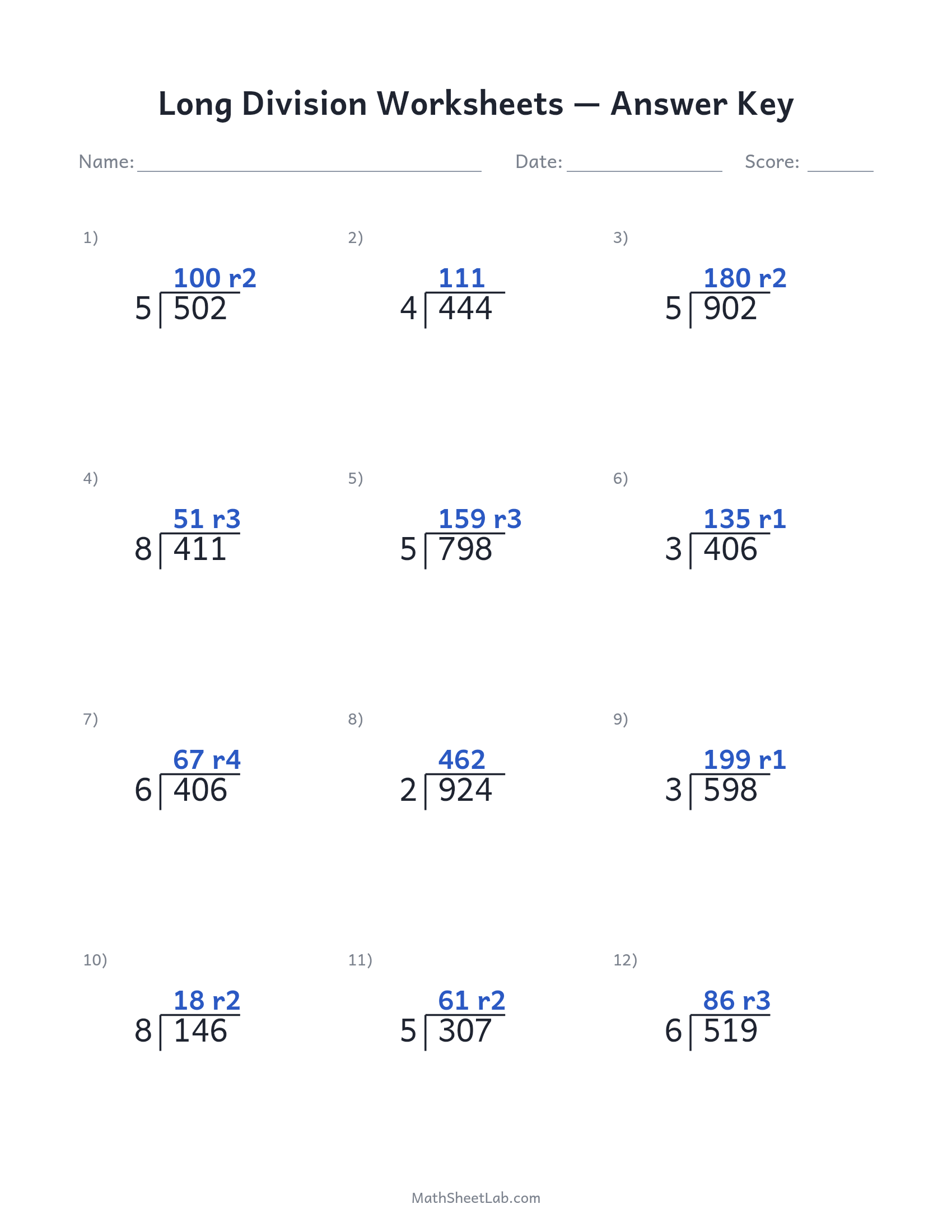 Long division worksheets answer key preview