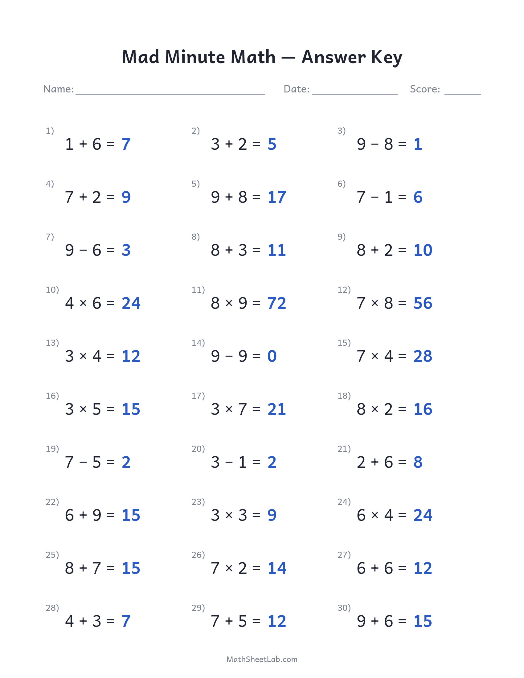 Mad minute math answer key preview