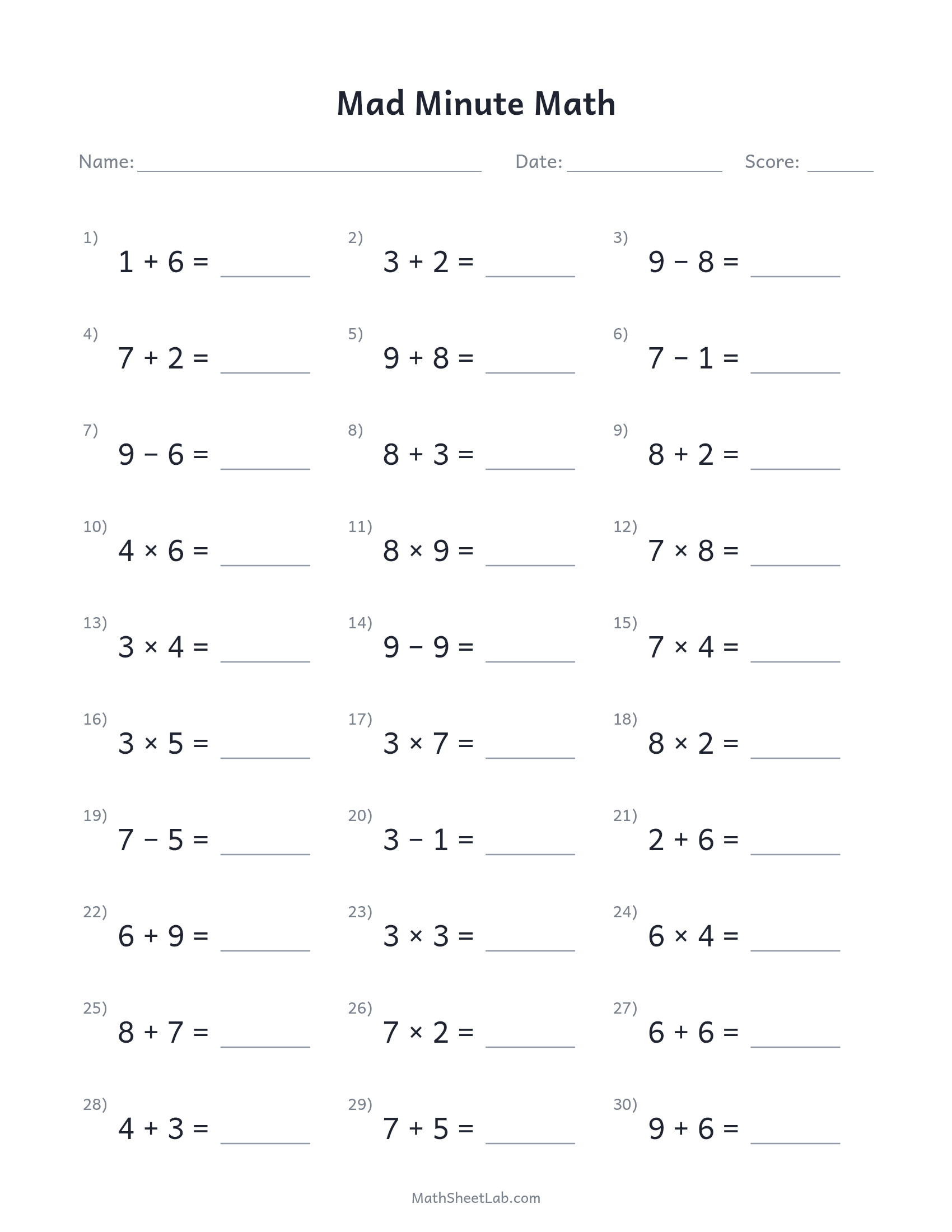 Mad minute math — free printable PDF preview