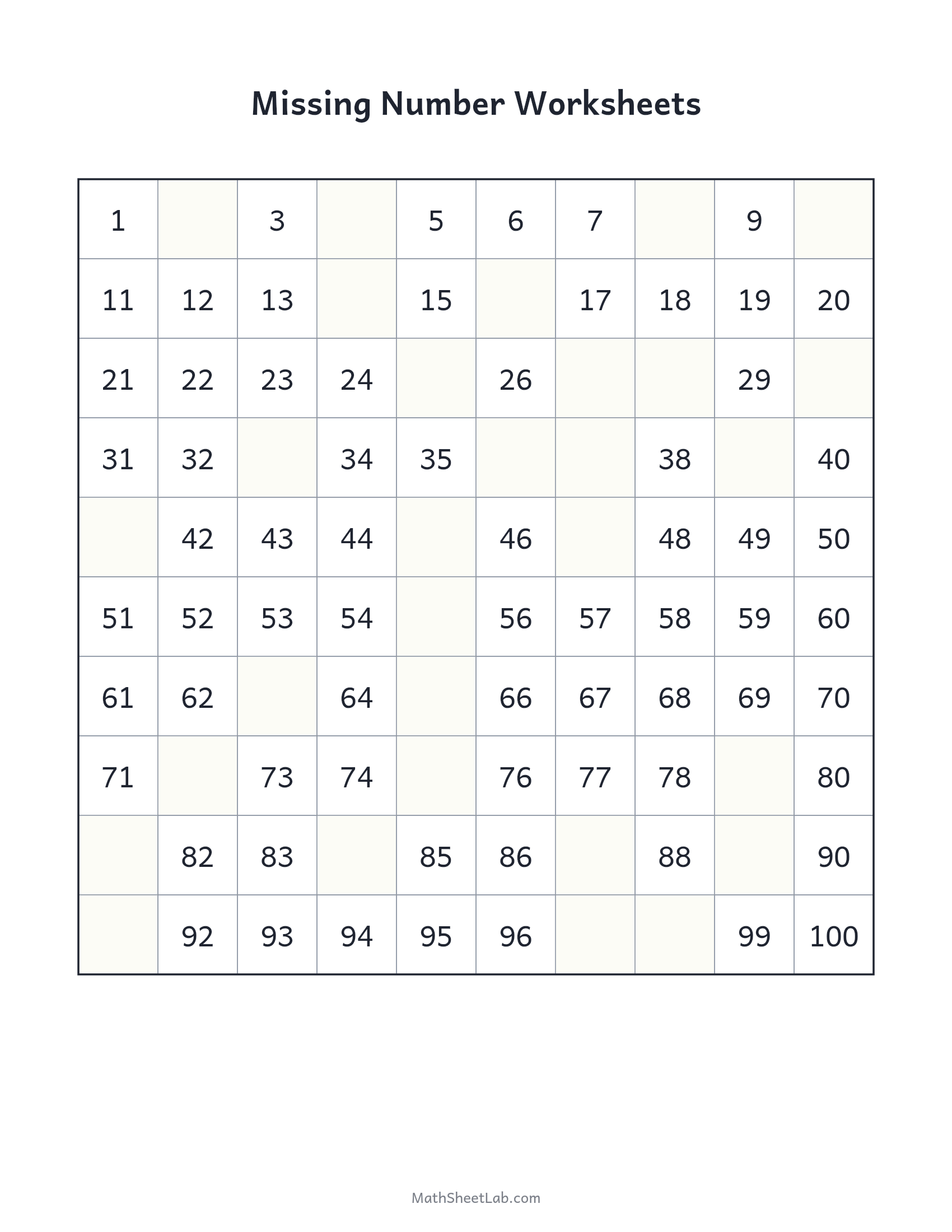 Missing number worksheets (1–100) — free printable PDF preview