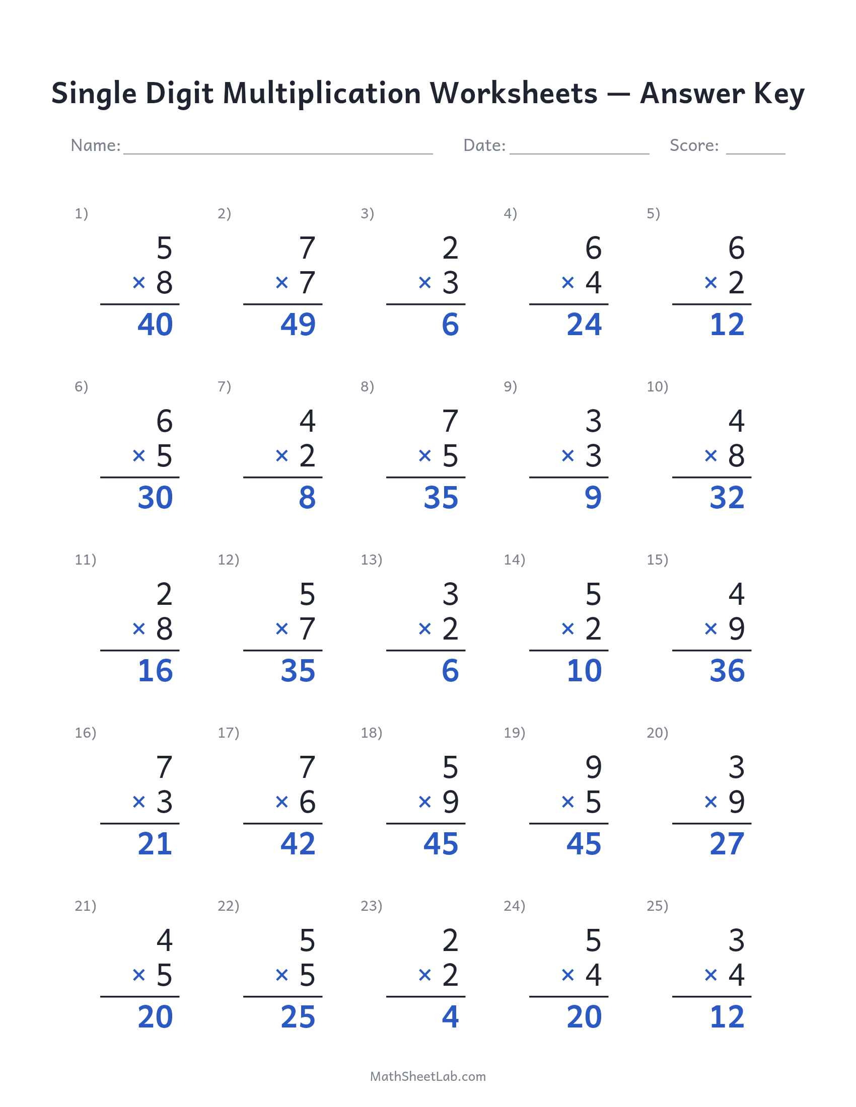 Single digit multiplication worksheets answer key preview