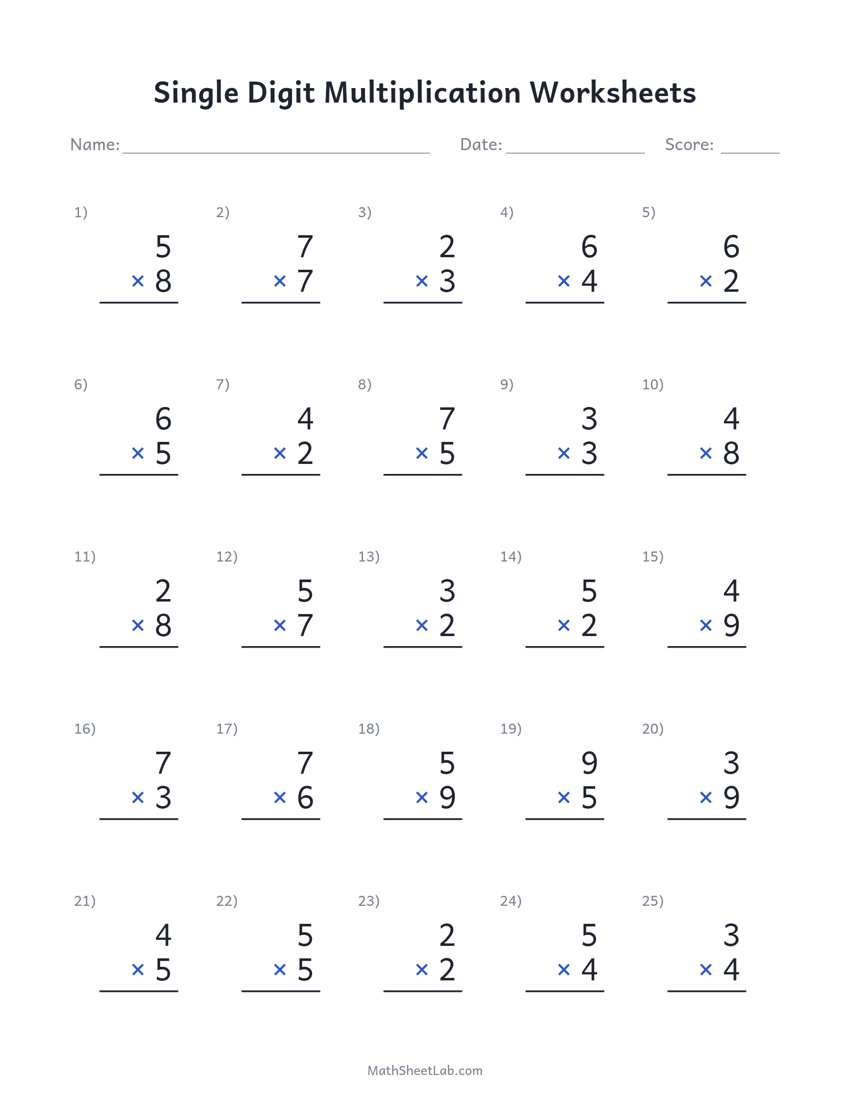 Single digit multiplication worksheets — free printable PDF preview