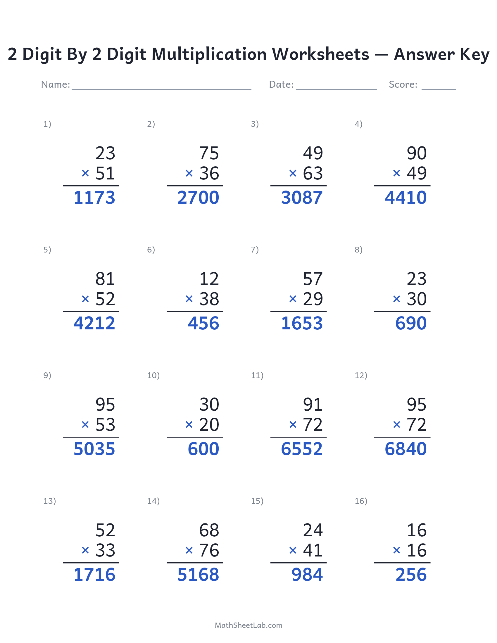 2 digit by 2 digit multiplication worksheets answer key preview