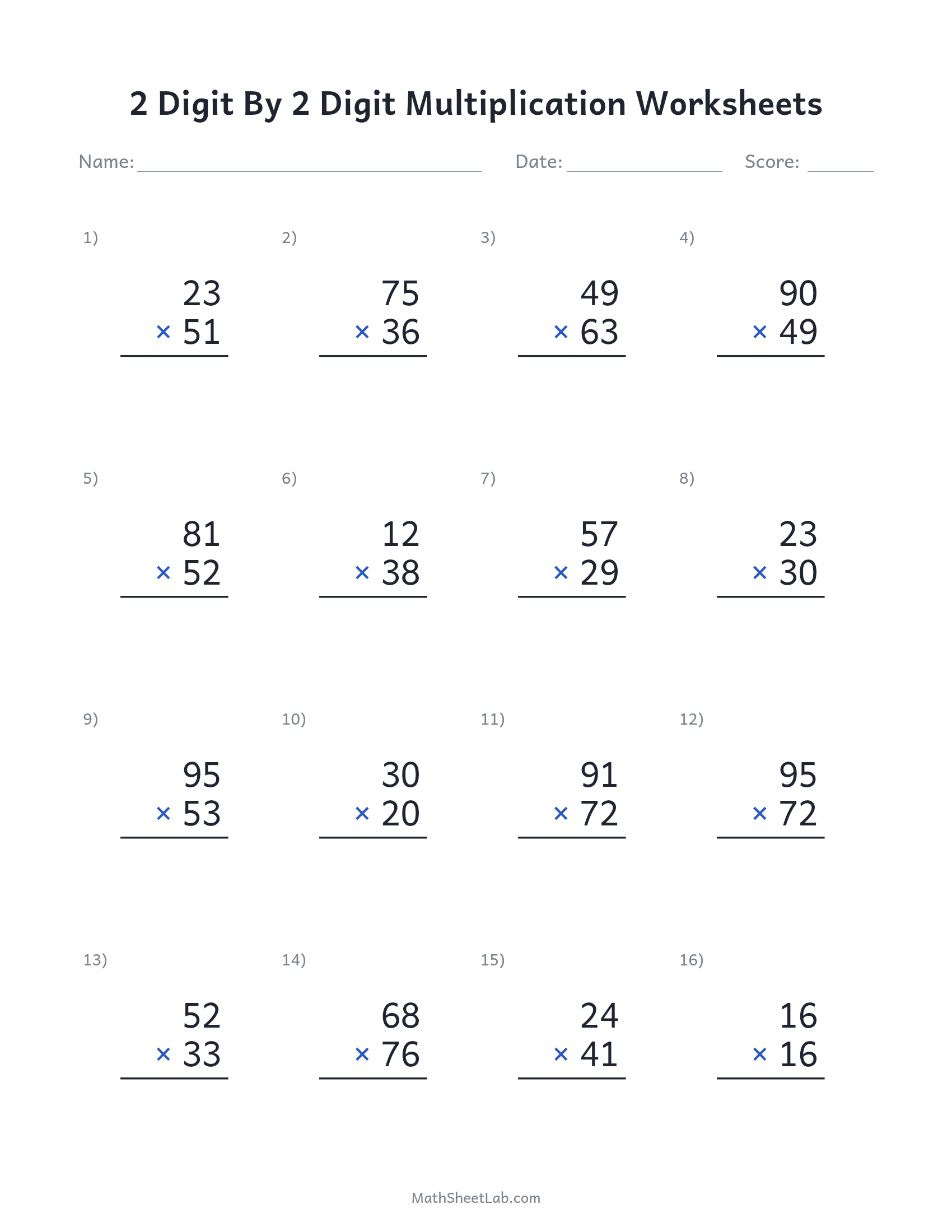 2 digit by 2 digit multiplication worksheets — free printable PDF preview