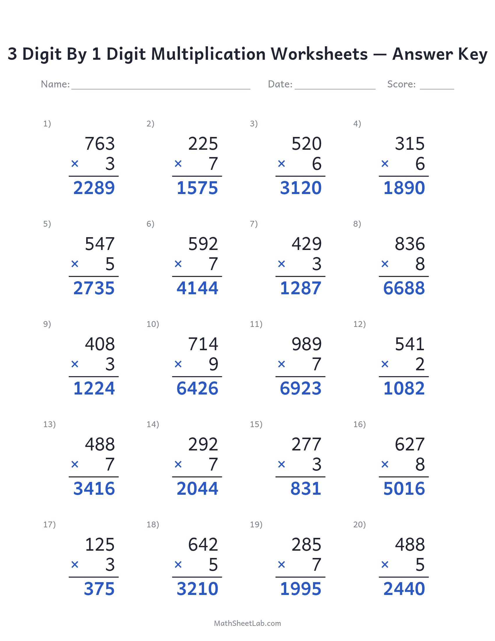3 digit by 1 digit multiplication worksheets answer key preview