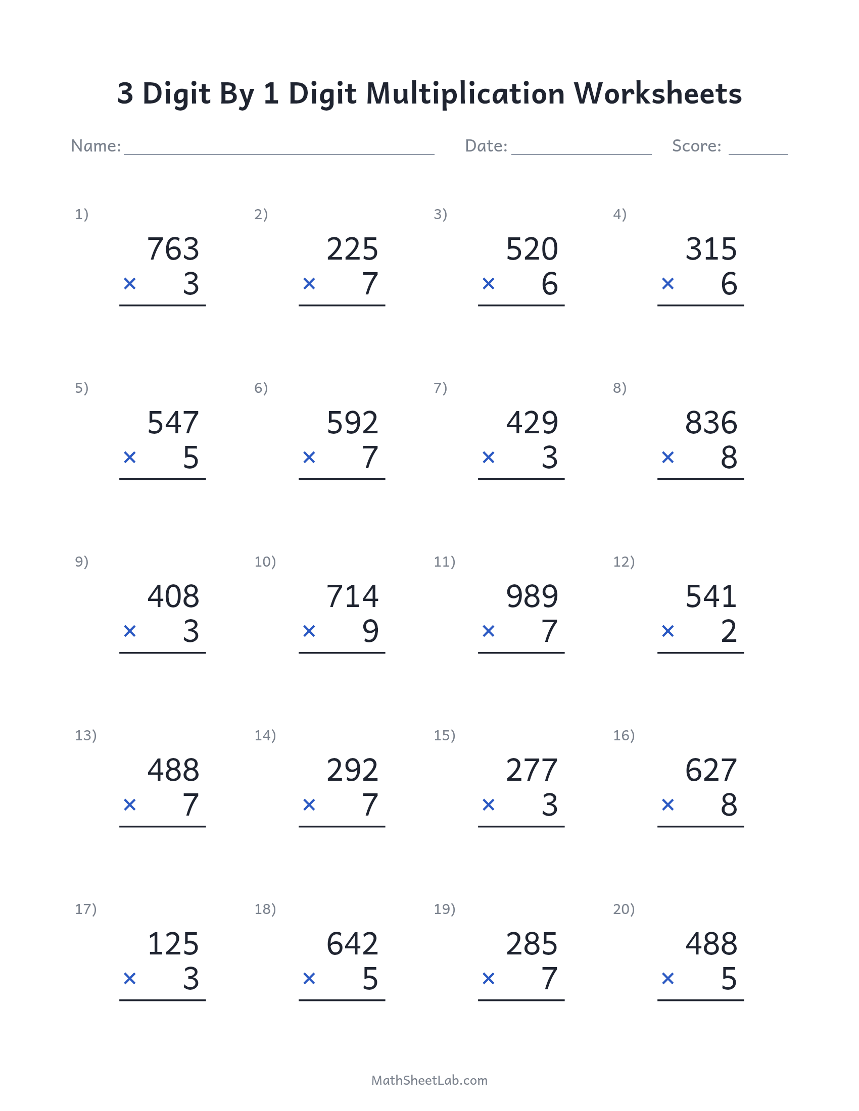 3 digit by 1 digit multiplication worksheets — free printable PDF preview