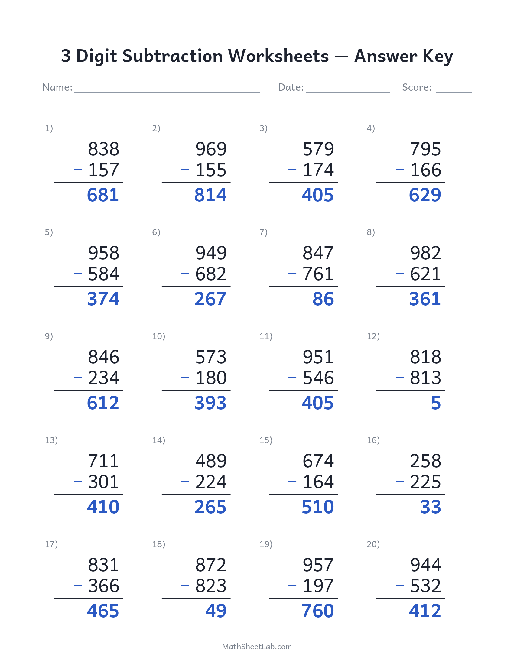 3 digit subtraction worksheets answer key preview