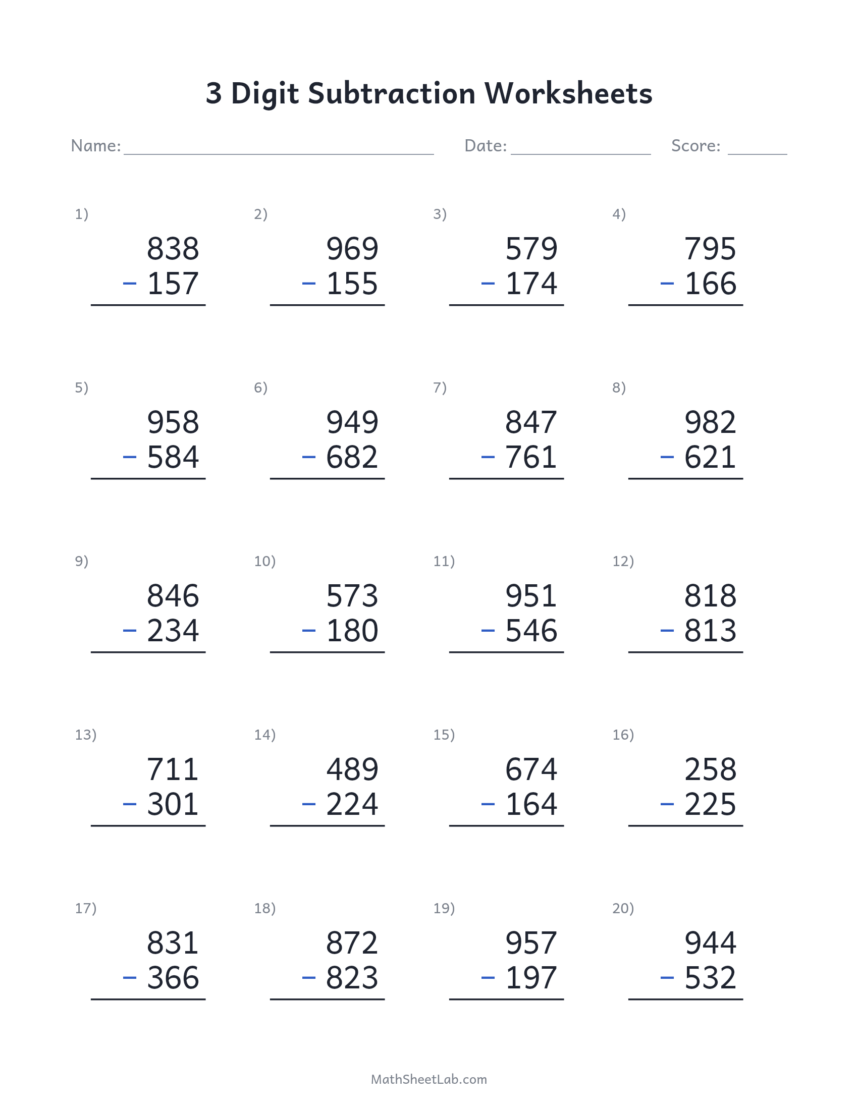 3 digit subtraction worksheets — free printable PDF preview