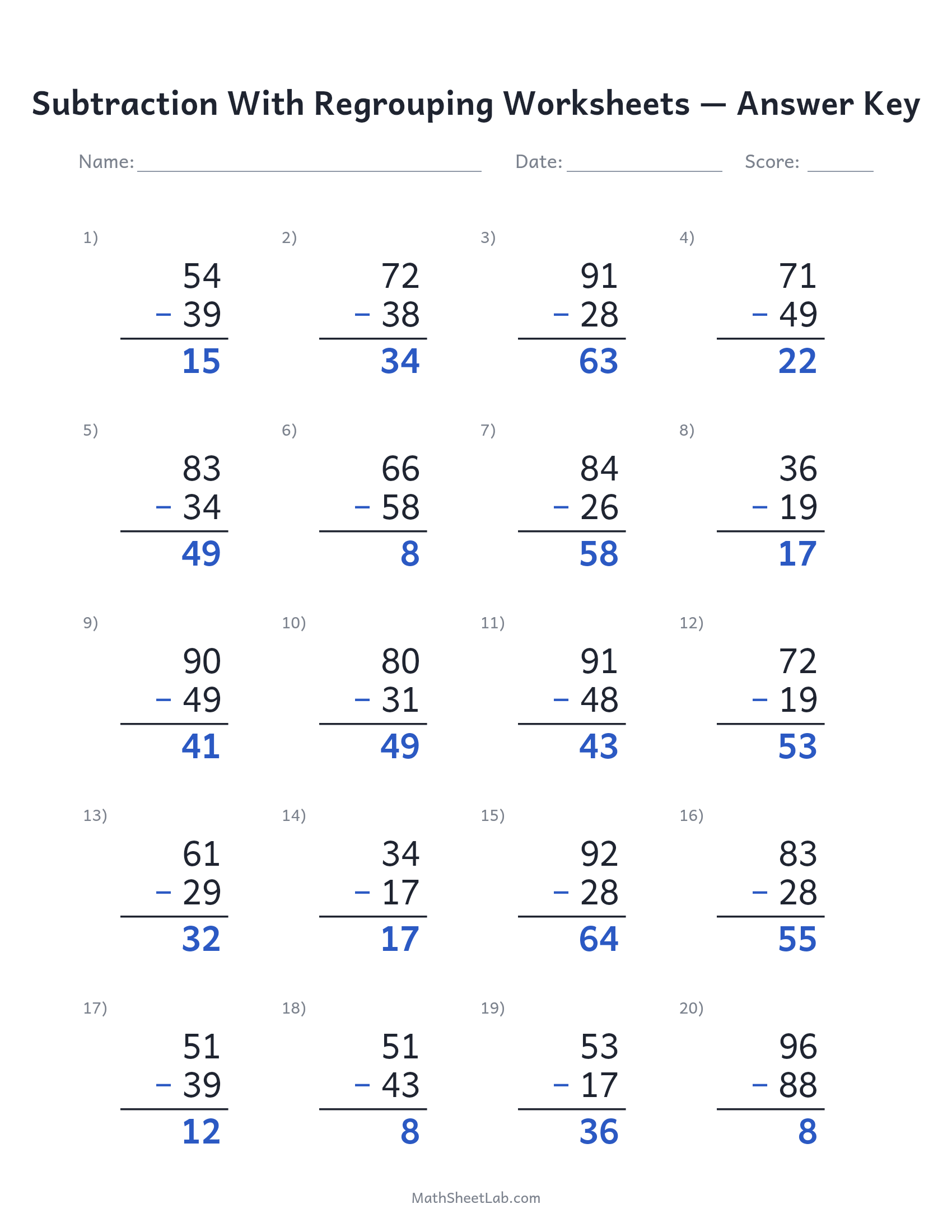 Subtraction with regrouping worksheets answer key preview