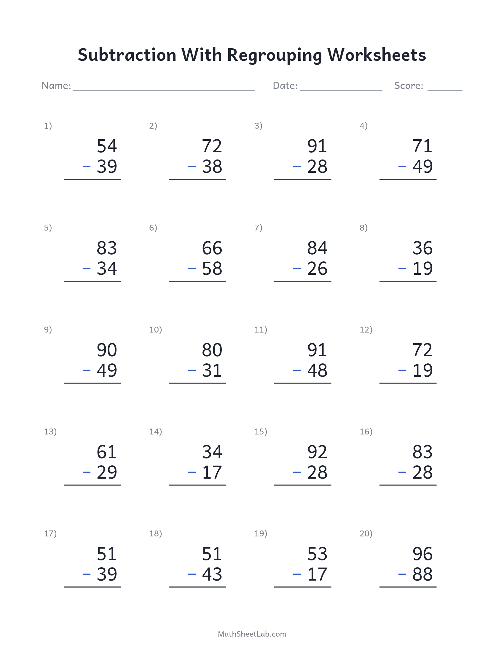 Subtraction with regrouping worksheets — free printable PDF preview