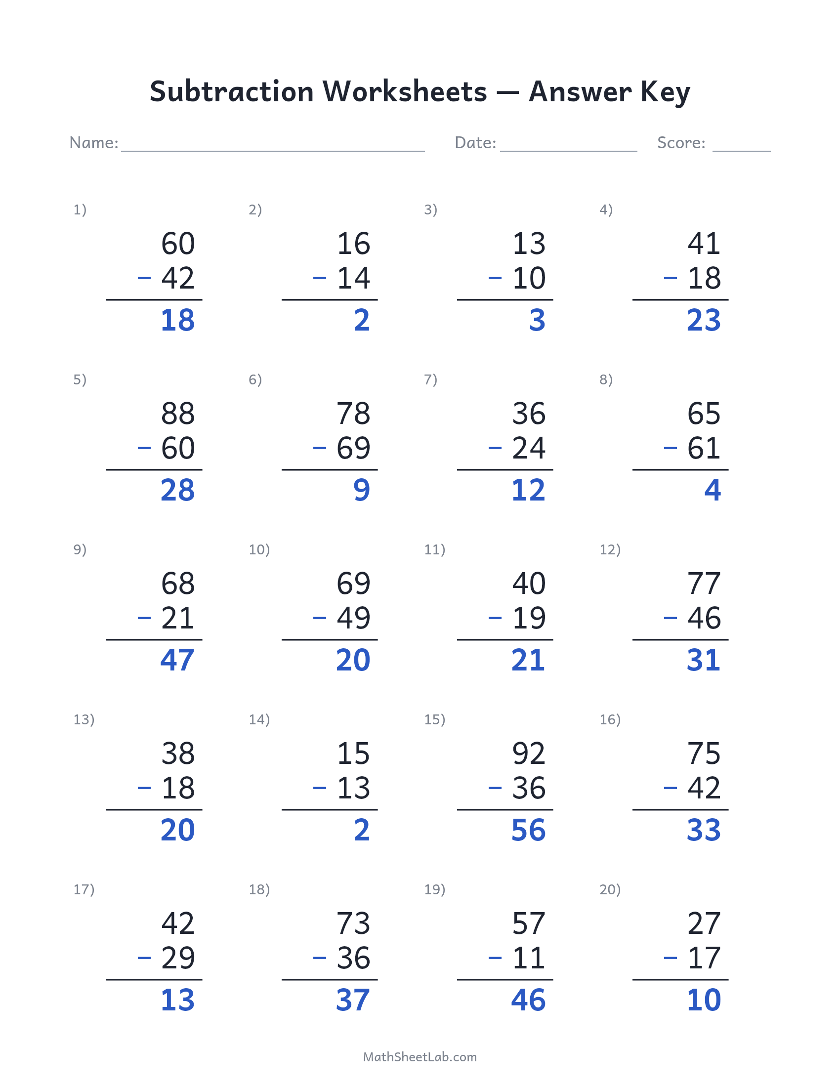 Subtraction worksheets answer key preview