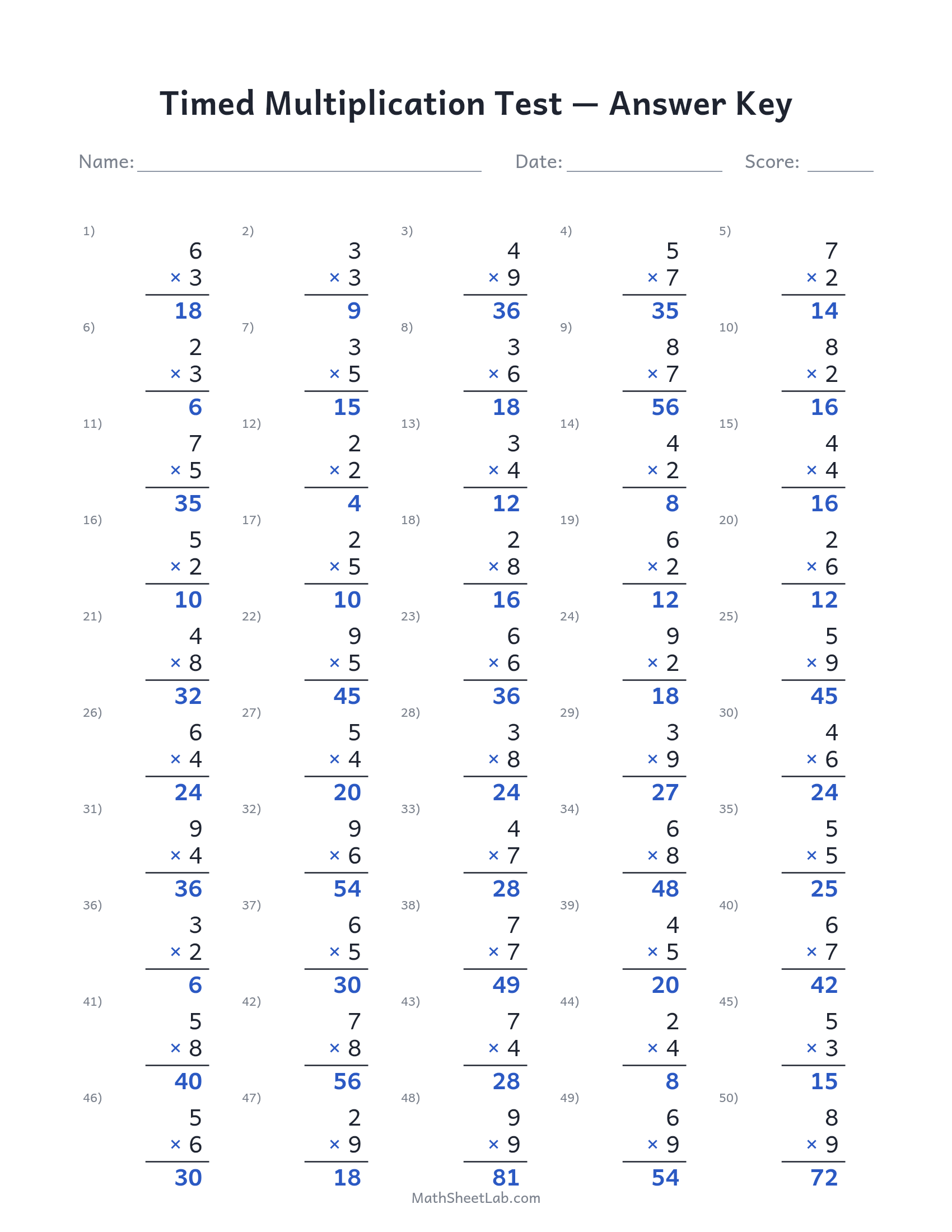Timed multiplication test answer key preview