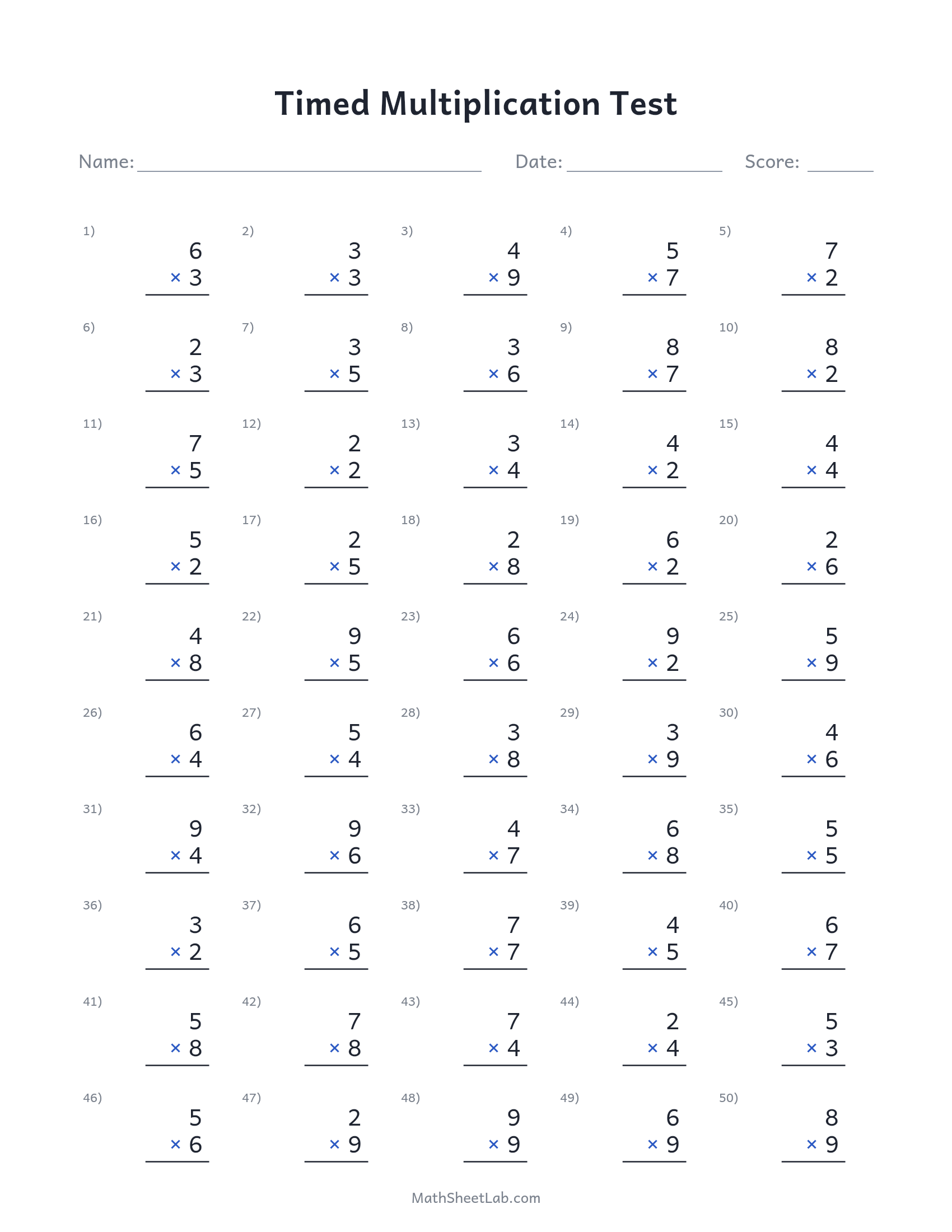 Timed multiplication test — free printable PDF preview